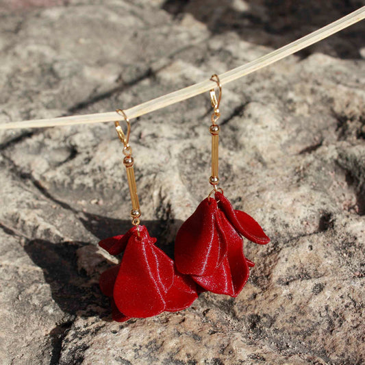Bordeaux Malvace Earrings. Long, 3D-printed earrings that weigh nothing.