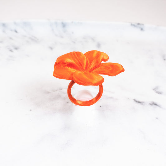 Custom-made 3D printed orange Hibis flower ring, available in various colors.